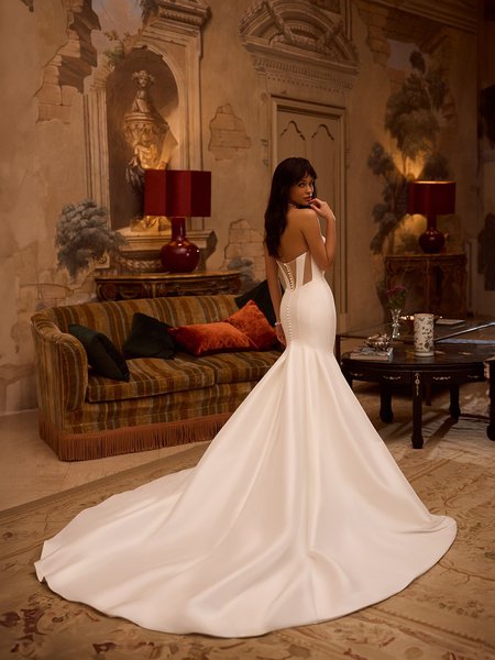 Moonlight Couture H1621 Classy open back mermaid wedding gown with rose net cutouts and buttons along zipper Moonlight Couture H1621 Classy open back mermaid wedding gown with rose net cutouts and buttons along zipper