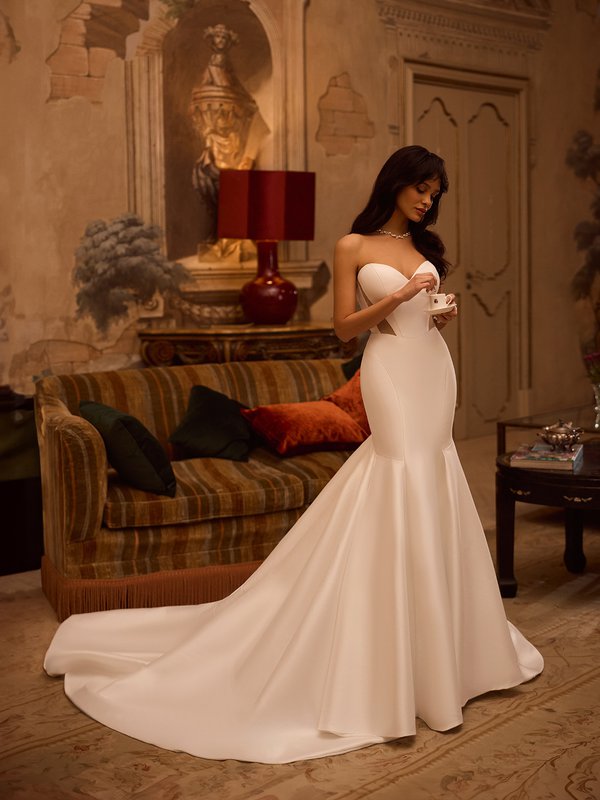 Moonlight Couture H1621 Elegant strapless pointed sweetheart stretch mikado mermaid gown with net cutouts