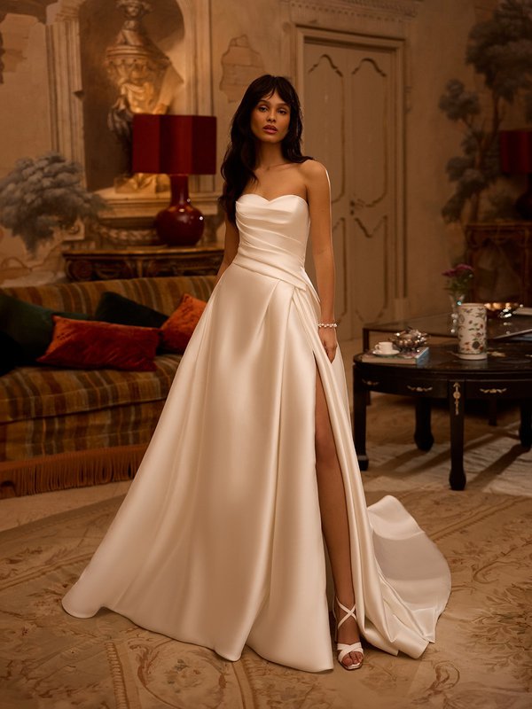 Moonlight Couture H1622 Strapless sweetheart mikado A-line with leg slit and ruched bodice
