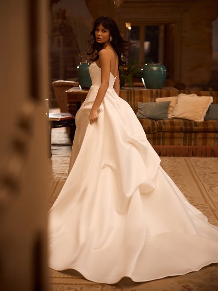 Satin V-back ball gown with chapel train and buttons along zipper Moonlight Couture H1623