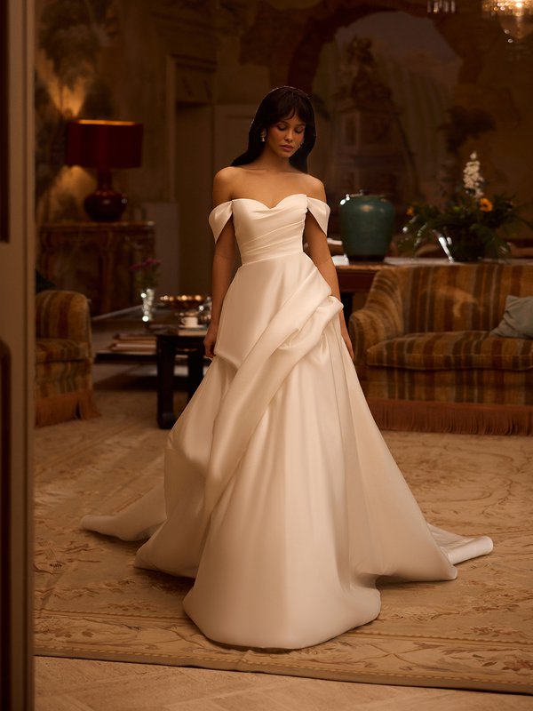 Moonlight Couture H1623 Timeless Strapless satin sweetheart ball gown with pick-ups and detachable swag sleeves