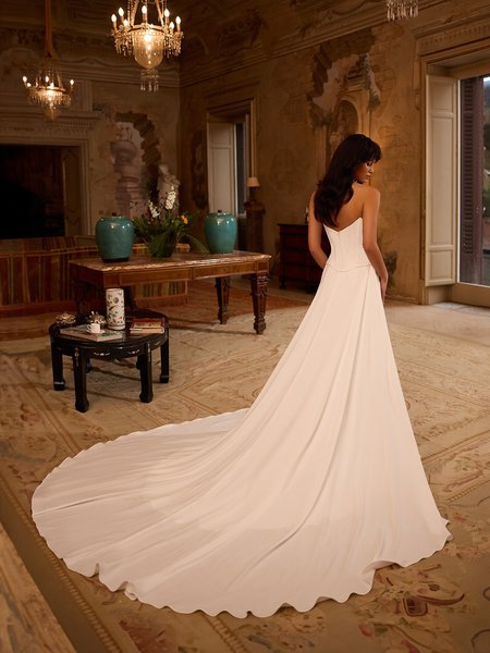 Detachable chapel train open V-back crepe fabric with stretch lining Moonlight Couture H1625