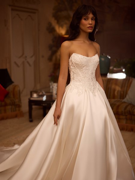 Moonlight Couture H1628 Re-embroidered lace appliques on mikado and net ball gown with strapless scoop neck