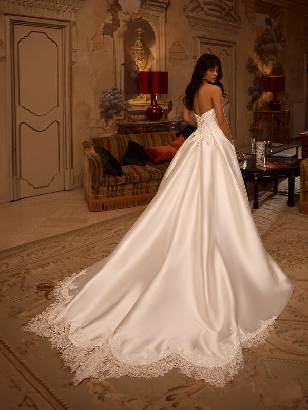 Open V-back mikado and net ball gown with re-embroidered lace appliques and buttons along zipperMoonlight Couture H1628