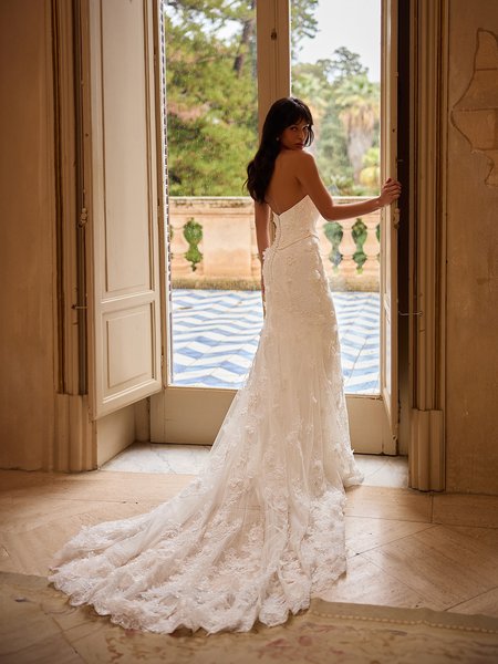 Moonlight Couture H1630 Open back mock two-piece mermaid with chapel train and buttons along zipper