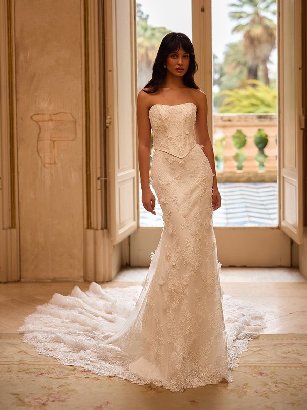 Romantic strapless straight across tulle and lace appliques mock two-piece mermaid Moonlight Couture H1630