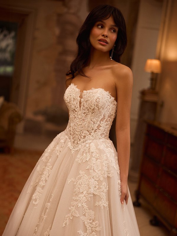 Princess Strapless Beaded Lace Full A-line Wedding Dress Moonlight