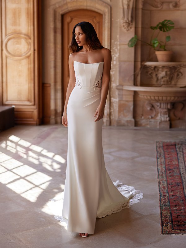 Moonlight Couture H1640 Strapless scoop neck regal crepe mermaid with stretch lining