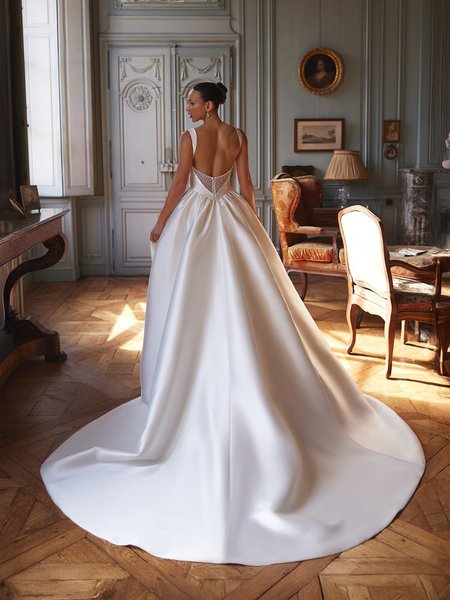 Moonlight Couture H1641 Deep scoop back with beaded illusion inset A-line with chapel train