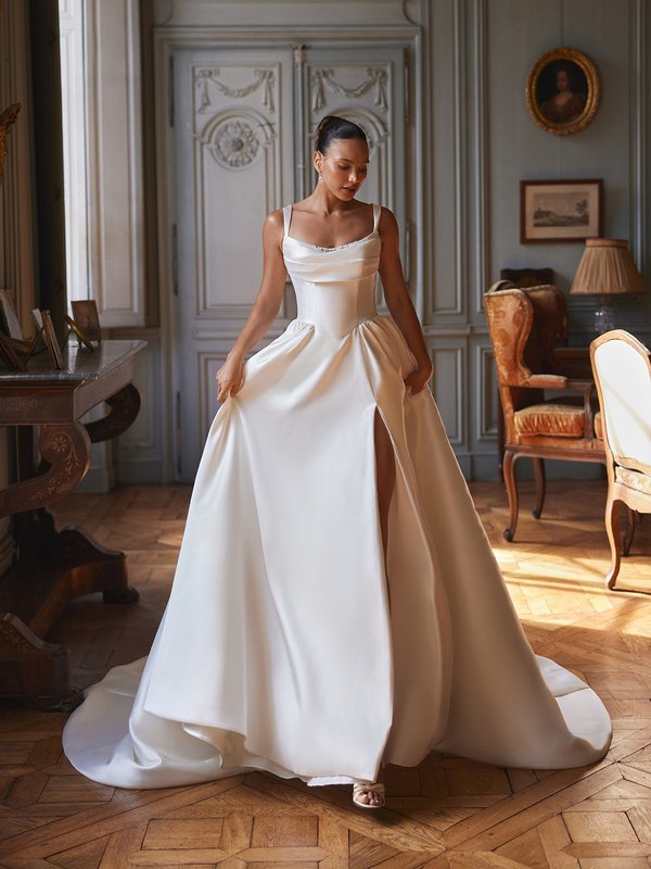 Moonlight Couture H1641 Sweetheart with beaded illusion inset mikado A-line dress with high leg slit