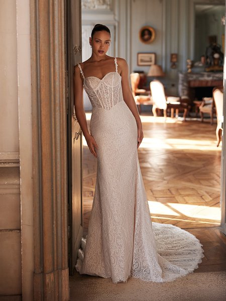 Moonlight Couture H1642 romantic lace wedding dresses with sleeves and beading make a statement.