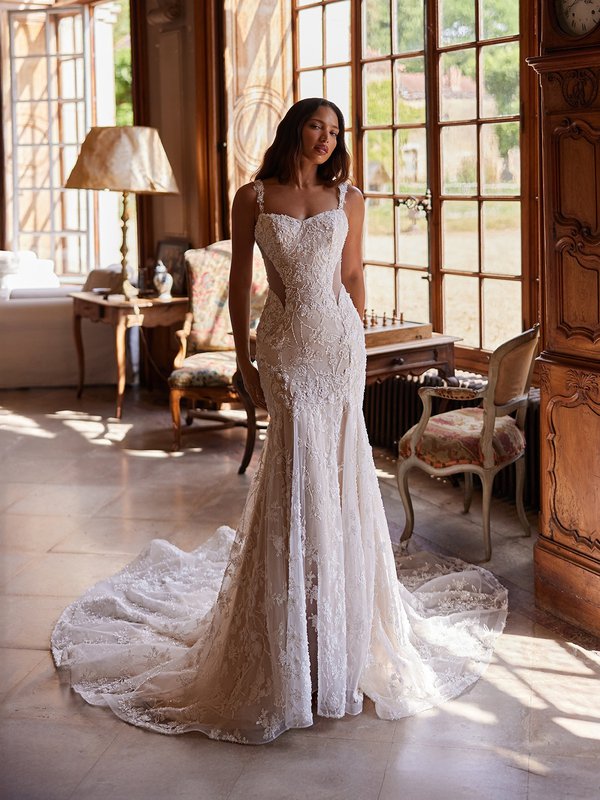 Moonlight Couture H1643 Pointed sweetheart with illusion straps embroidered tulle with 3D flowers mermaid gown