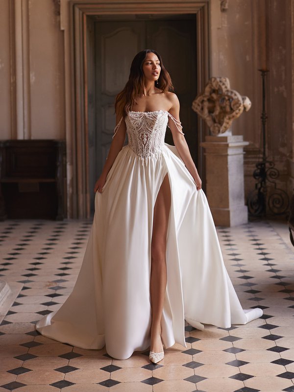 Moonlight Couture H1644 Strapless straight across neckline with pearl swag sleeves ball gown