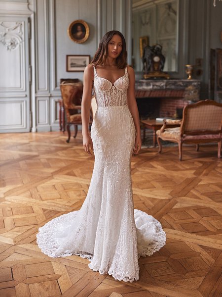 Moonlight Couture H1645 romantic lace wedding dresses with sleeves and beading make a statement. Moonlight Couture H1645 romantic lace wedding dresses with sleeves and beading make a statement.