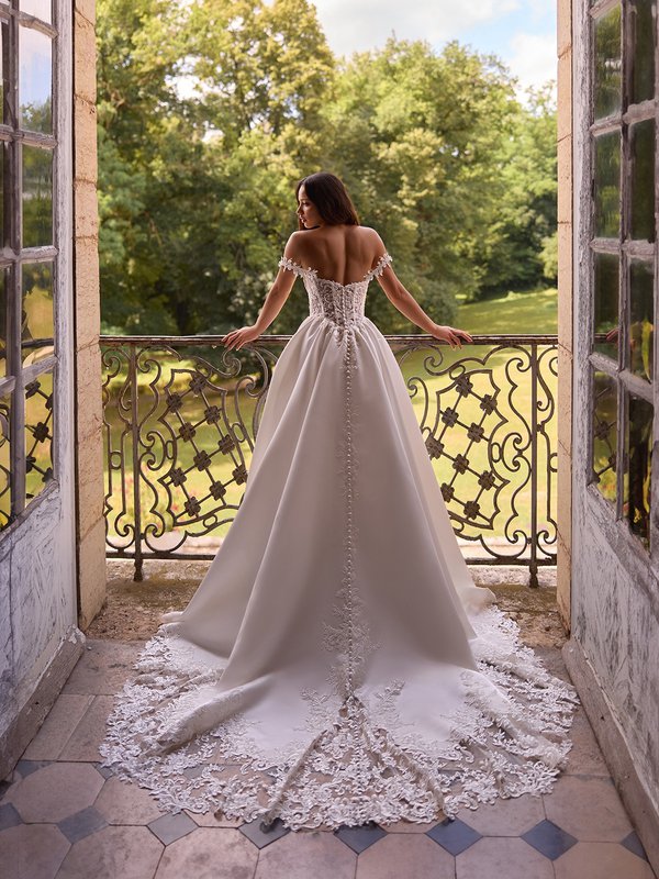 Open back with swag sleeves lace appliques and satin A-line with cutout lace train Moonlight Couture H1646