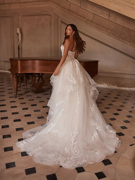 Moonlight Couture H1647 Open back tulle and lace A-line with cascades and chapel train