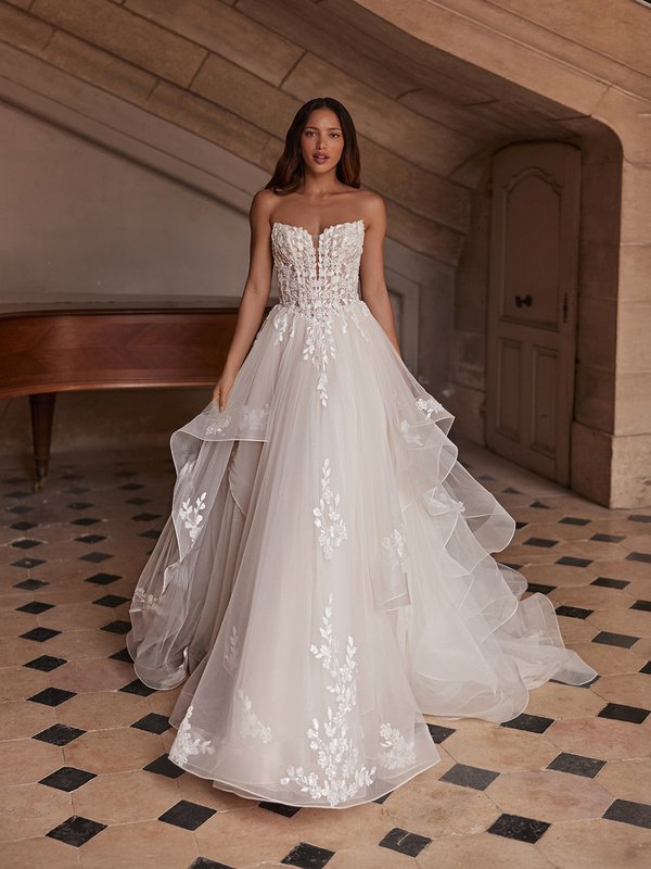 Moonlight Couture H1647 Unlined strapless lace appliques bodice and tulle A-line with cascades