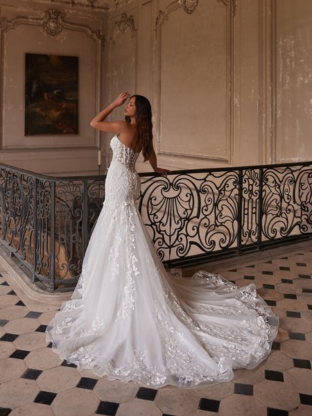 Moonlight Couture H1648 Open half lace-up back mermaid gown with horsehair trim chapel train