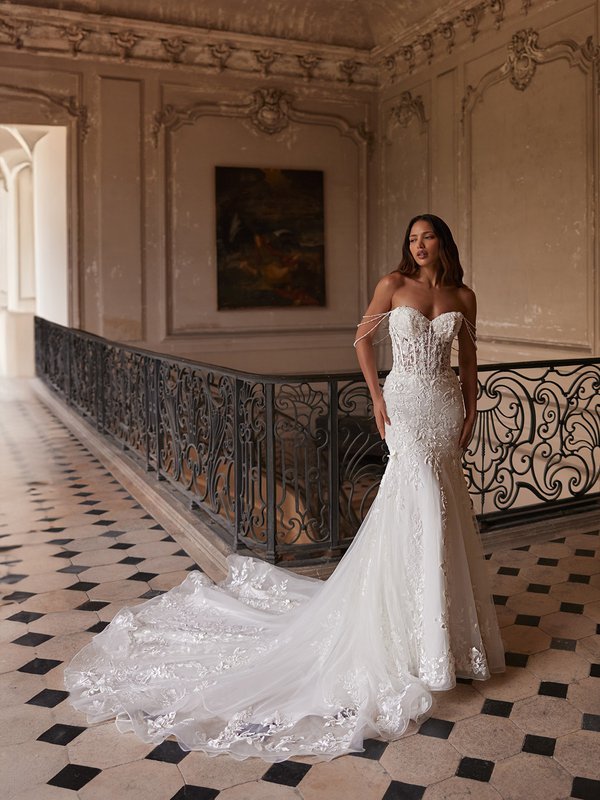 Moonlight Couture H1648 Unlined pointed sweetheart mermaid with detachable pearl beaded swag sleeves