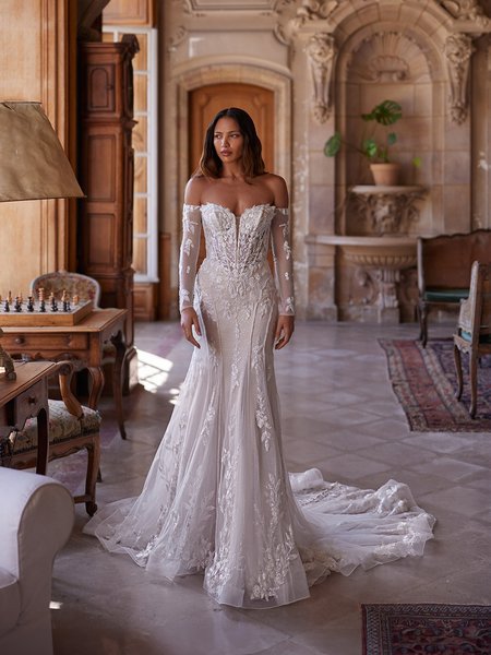 Moonlight Couture H1649 romantic lace wedding dresses with sleeves and beading make a statement. Moonlight Couture H1649 romantic lace wedding dresses with sleeves and beading make a statement.