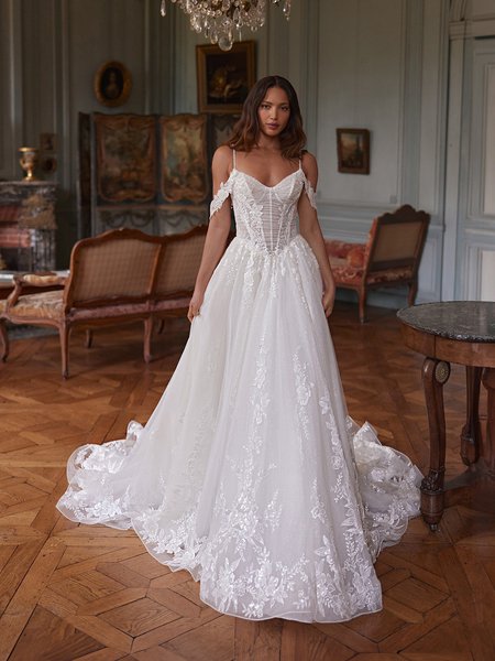 Moonlight Couture H1650 romantic lace wedding dresses with sleeves and beading make a statement. Moonlight Couture H1650 romantic lace wedding dresses with sleeves and beading make a statement.