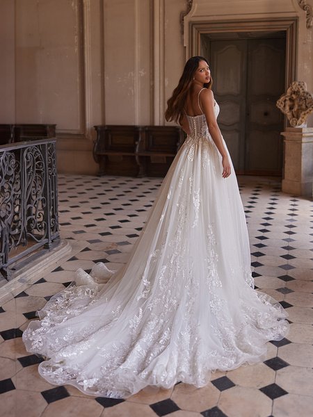 Moonlight Couture H1650 Unlined open back sparkle tulle and lace appliques full A-line with chapel train