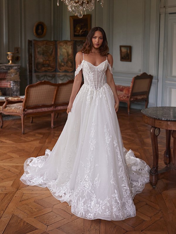 Moonlight Couture H1650 See-through pointed sweetheart basque waist tulle and lace A-line dress