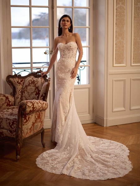 Moonlight Couture H1653 romantic lace wedding dresses with sleeves and beading make a statement.