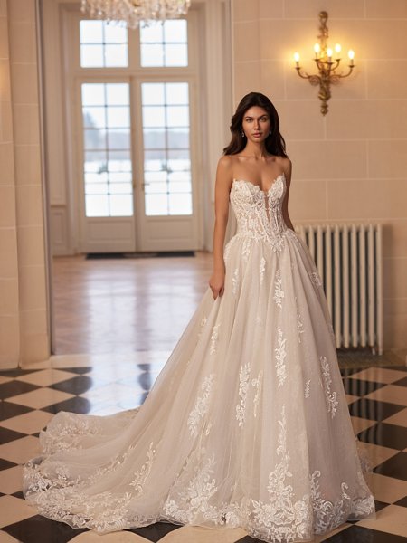 Moonlight Couture H1661 romantic lace wedding dresses with sleeves and beading make a statement.