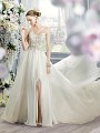 Moonlight Collection J6365 flowing organza wedding gown with a sexy knee high slit Moonlight Collection J6365 flowing organza wedding gown with a sexy knee high slit