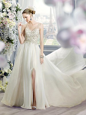 Moonlight Collection J6365 flowing organza wedding gown with a sexy knee high slit Moonlight Collection J6365 flowing organza wedding gown with a sexy knee high slit