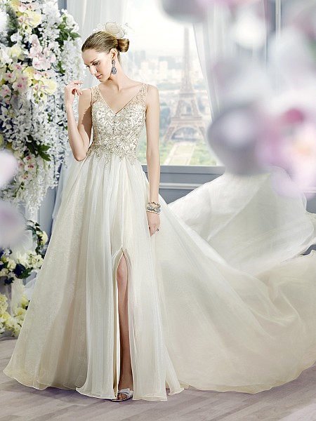 Moonlight Collection J6365 flowing organza wedding gown with a sexy knee high slit Moonlight Collection J6365 flowing organza wedding gown with a sexy knee high slit