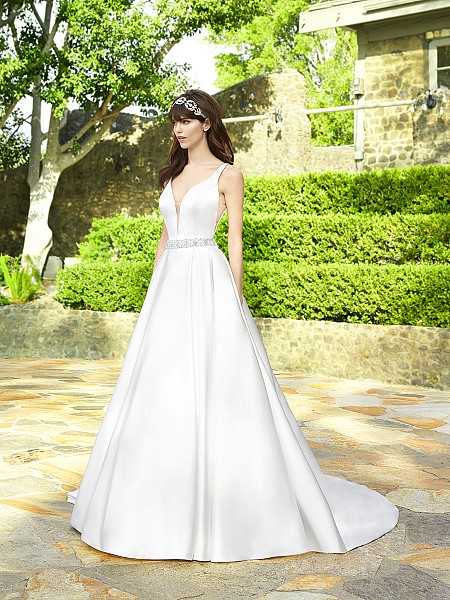 Moonlight Collection J6503 divine satin ball gown with side pockets and beaded waistband