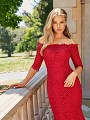 Moonlight Collection J6543 ruby red off-the-shoulder all-lace mermaid wedding dress with 3/4 sleeves Moonlight Collection J6543 ruby red off-the-shoulder all-lace mermaid wedding dress with 3/4 sleeves