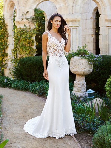 Moonlight Collection J6574A sexy sheer unlined lace mermaid crepe back wedding dress Moonlight Collection J6574A sexy sheer unlined lace mermaid crepe back wedding dress
