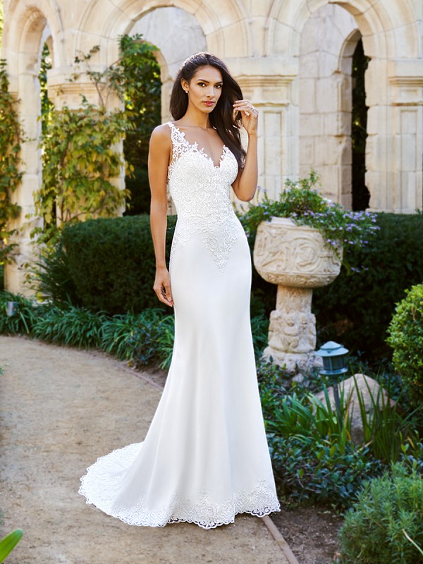 Moonlight Collection J6574B fit and flare lace crepe back satin wedding gown Moonlight Collection J6574B fit and flare lace crepe back satin wedding gown