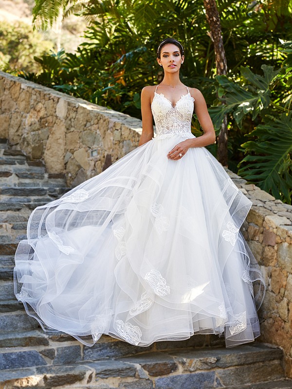 Moonlight Collection J6581A glamorous full A-line sexy sheer unlined wedding gown with dramatic cascading ruffle skirt Moonlight Collection J6581A glamorous full A-line sexy sheer unlined wedding gown with dramatic cascading ruffle skirt