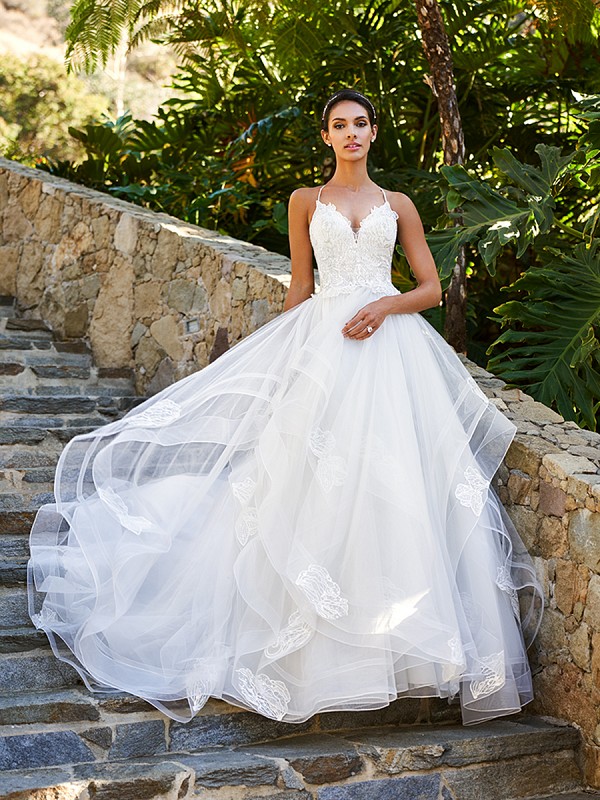 Moonlight Collection J6581B cascading ruffle A-line wedding gown with spaghetti straps Moonlight Collection J6581B cascading ruffle A-line wedding gown with spaghetti straps