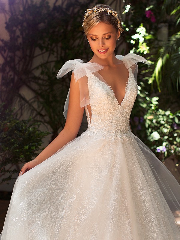 Moonlight Collection J6703 elegant unique lace wedding dress with bows at the neckline Moonlight Collection J6703 elegant unique lace wedding dress with bows at the neckline