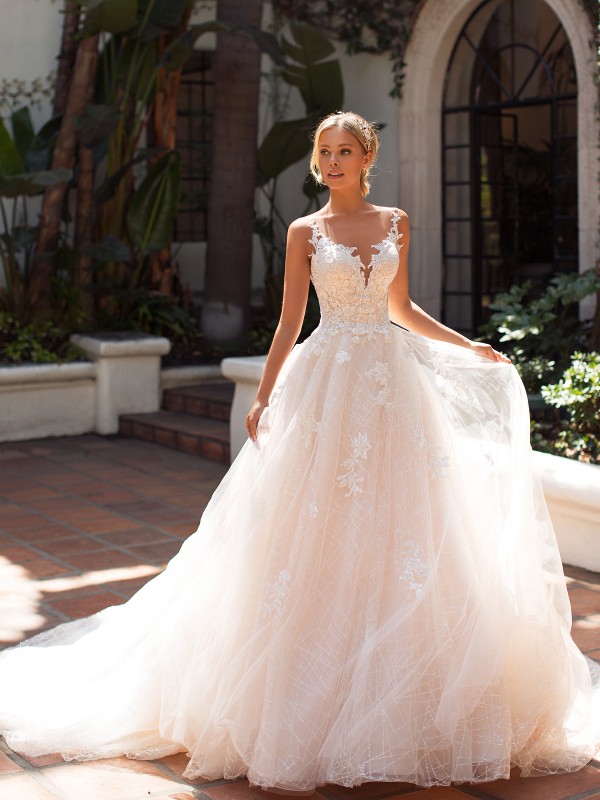 Moonlight Collection J6704 illusion bateau neckline ball gown with unique sequin lace