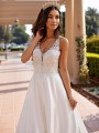 Moonlight Collection J6742 beading and lace appliques bodice with classic satin A-line silhouette
