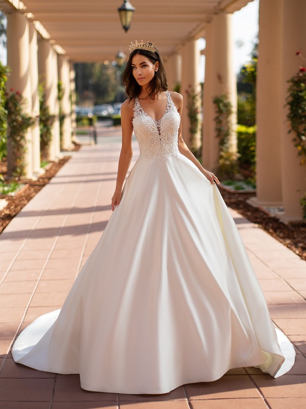 Moonlight Collection J6742 elegant deep V-neck with lace appliques over satin A-line bridal gown Moonlight Collection J6742 elegant deep V-neck with lace appliques over satin A-line bridal gown