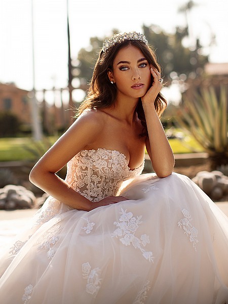Moonlight Collection J6744 sexy strapless sweetheart full A-line bridal gown with unlined bodice and lace appliques Moonlight Collection J6744 sexy strapless sweetheart full A-line bridal gown with unlined bodice and lace appliques