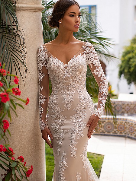 Moonlight Collection J6746 beautiful lace applique over net bridal gown with alluring illusion long sleeves