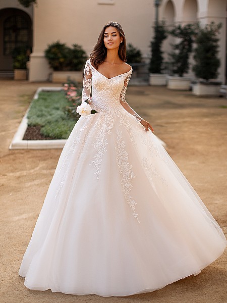 Moonlight Collection J6749 majestic V-neck beaded tulle full A-line bridal gown with illusion long sleeves Moonlight Collection J6749 majestic V-neck beaded tulle full A-line bridal gown with illusion long sleeves