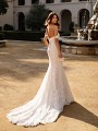 Moonlight Collection J6750 net and Chantilly lace fabric sequin mermaid gown with trendy swag sleeves and chapel train