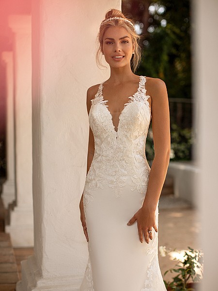 Moonlight Collection J6776 lace v-neck wedding dress with illusion inset 