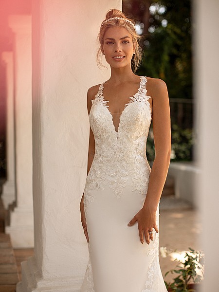 Moonlight Collection J6776 lace v-neck wedding dress with illusion inset Moonlight Collection J6776 lace v-neck wedding dress with illusion inset