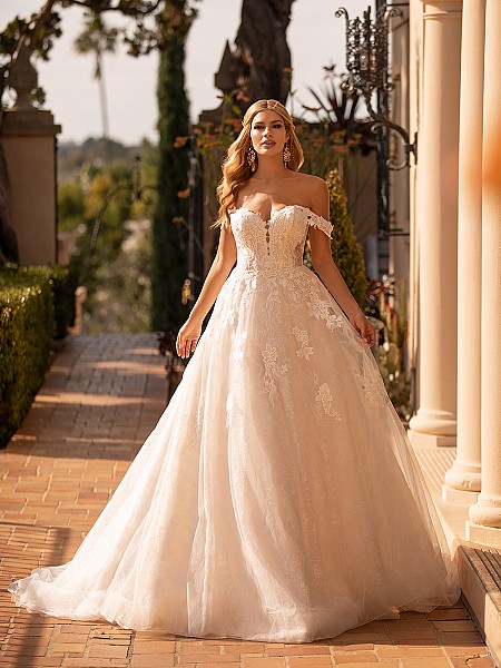 Sparkly Blossom Net A-line Wedding Gown With Lace Swag Sleeves Moonlight Collection J6795 Sparkly Blossom Net A-line Wedding Gown With Lace Swag Sleeves Moonlight Collection J6795