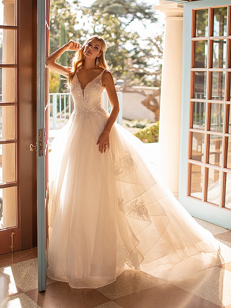 Vine Lace and Tulle Cascade Skirt A-line Wedding Dress Moonlight Collection J6800 Vine Lace and Tulle Cascade Skirt A-line Wedding Dress Moonlight Collection J6800